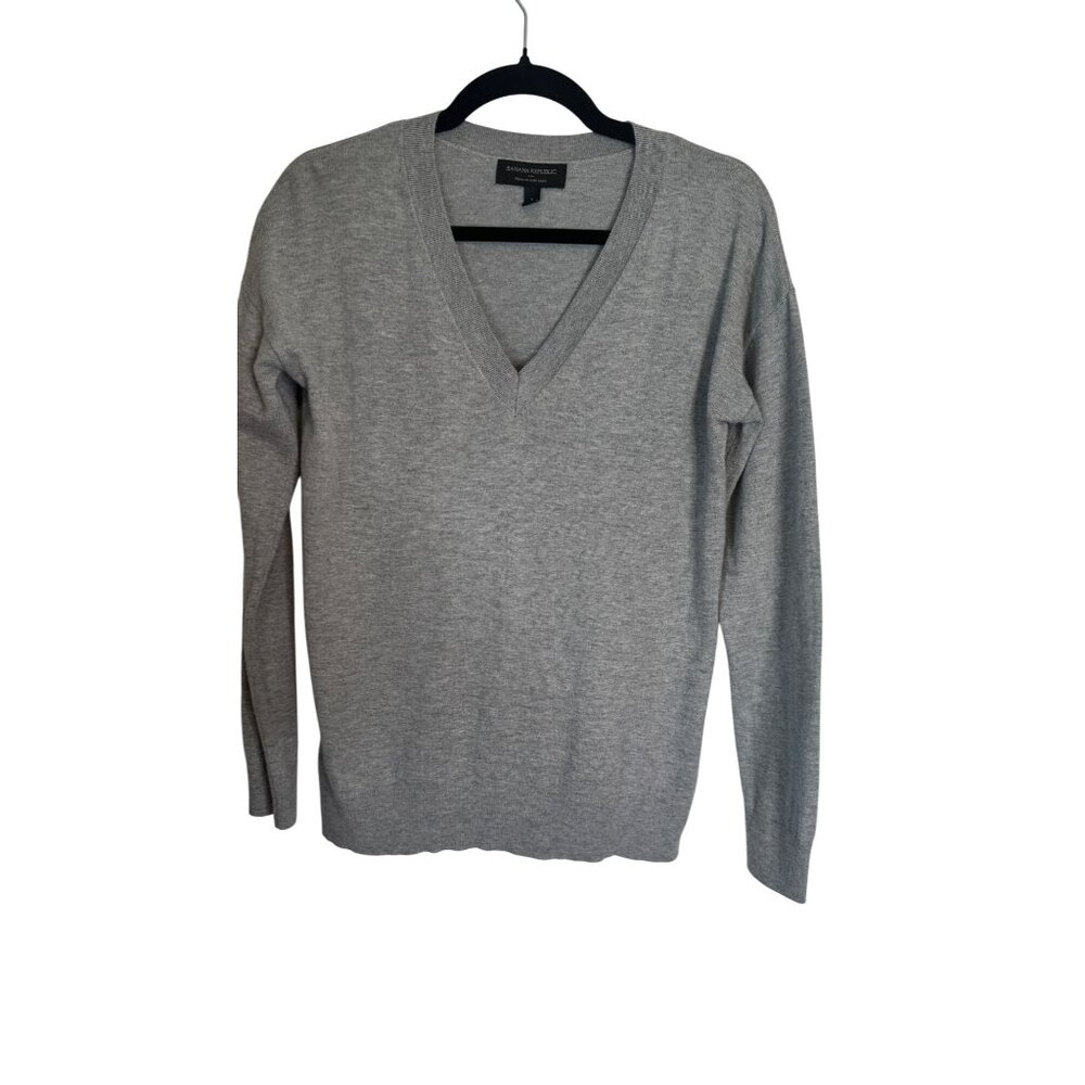 Banana Republic Womens Gray V-Neck Sweater S 55% Cotton 40% Nylon 5% Cashmere - Picture 7 of 13